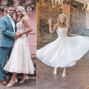 Bronx and Banco Mademoiselle Bridal White‎ Sequin Bustier Midi Dress Size 6